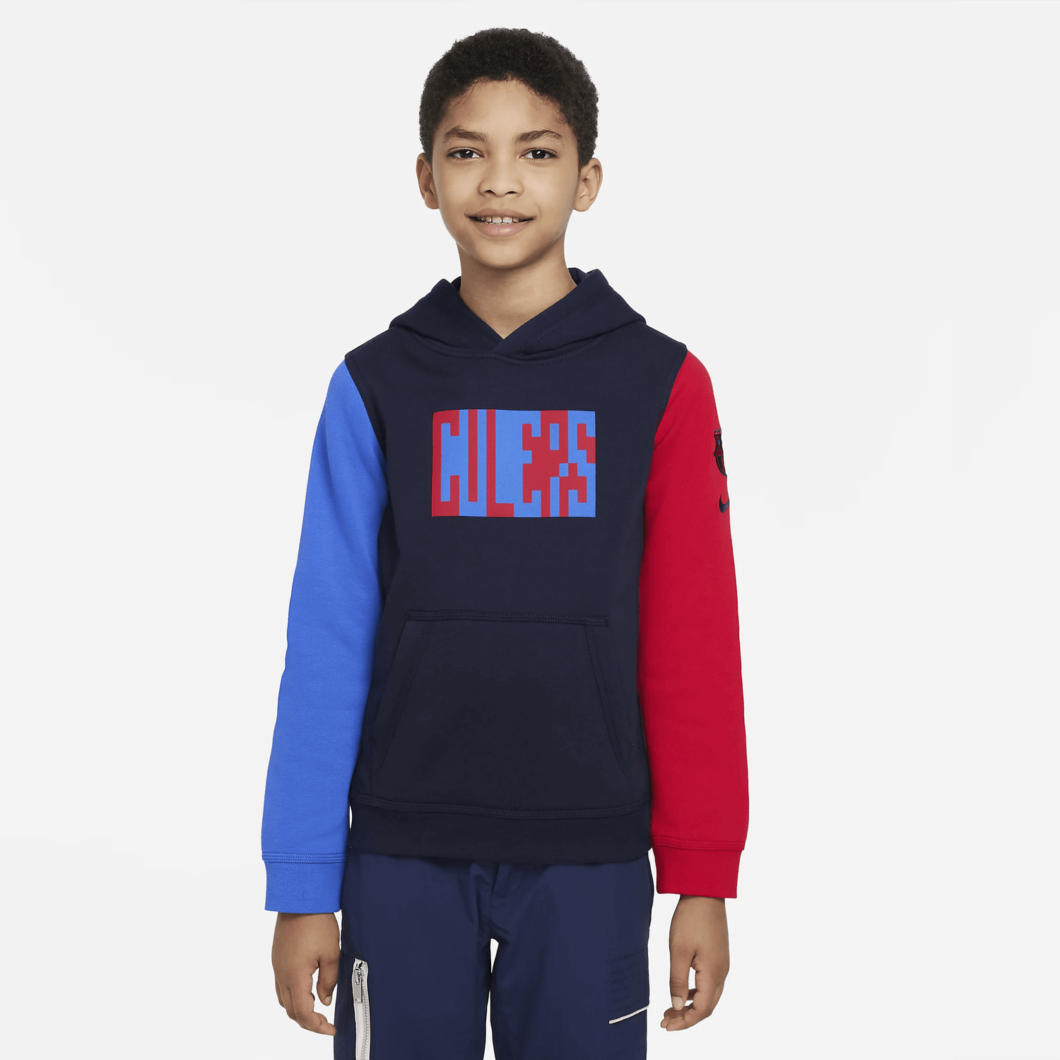 Nike 22-23 Barcelona Youth NSW Club Pullover Hoodie - Obsidian-Blue-Red (Model - Front)