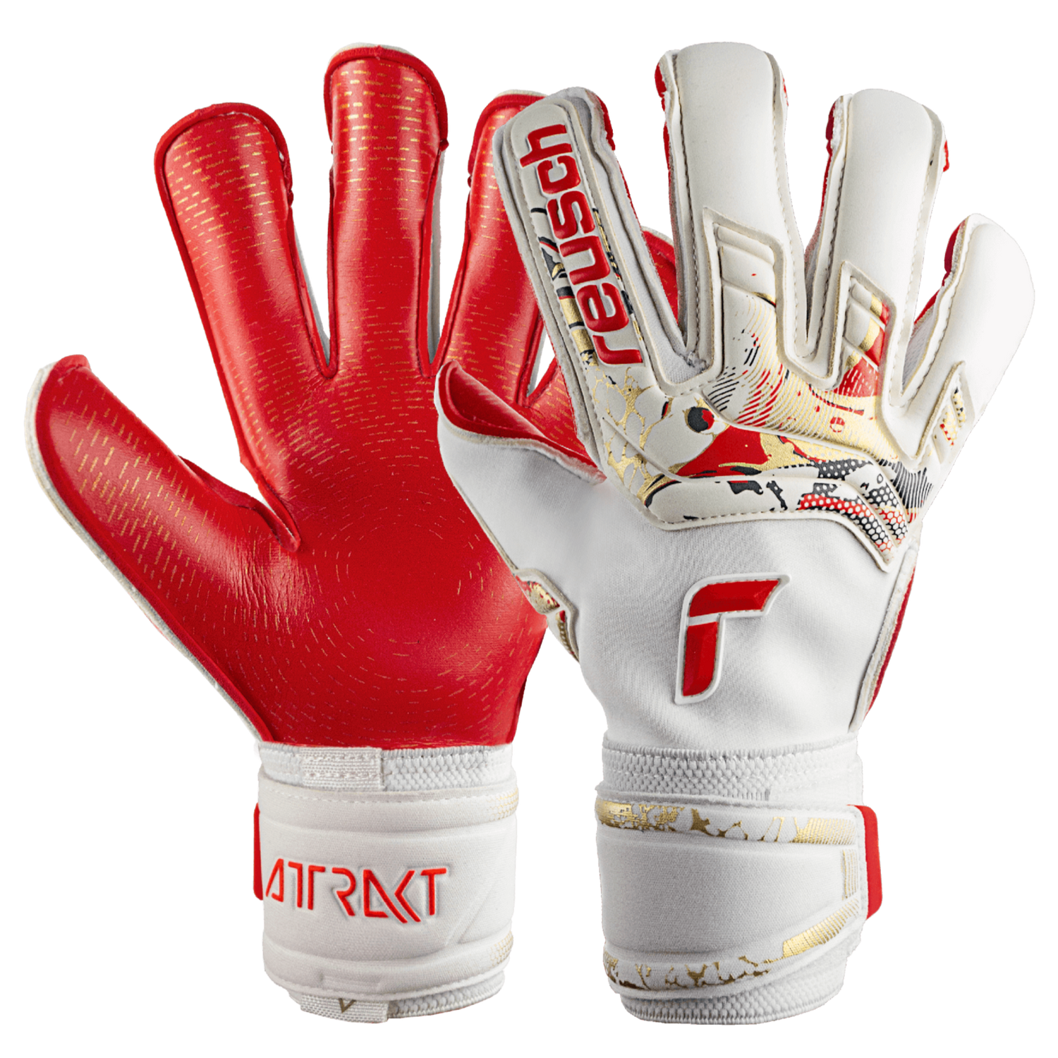 Reusch Attrakt Gold X Glueprint Ortho-Tec FS Goalkeeper Gloves - White-Gold-Red (Pair)