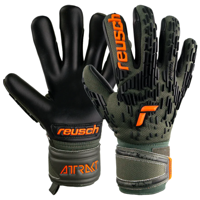 Reusch JR Attrakt Freegel Silver Finger Support Goalkeeper Gloves - Desert Green-Orange-Black