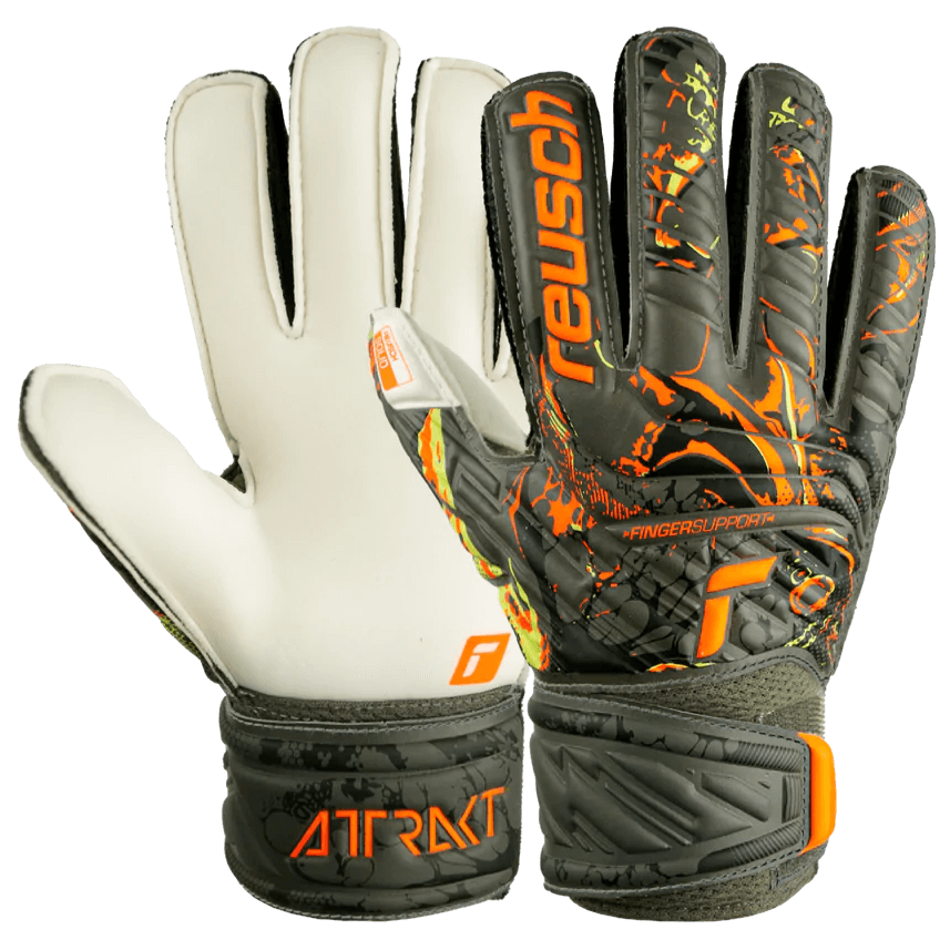 Reusch JR Attrakt Solid Finger Support Goalkeeper Gloves - Desert Green - Orange (Pair)