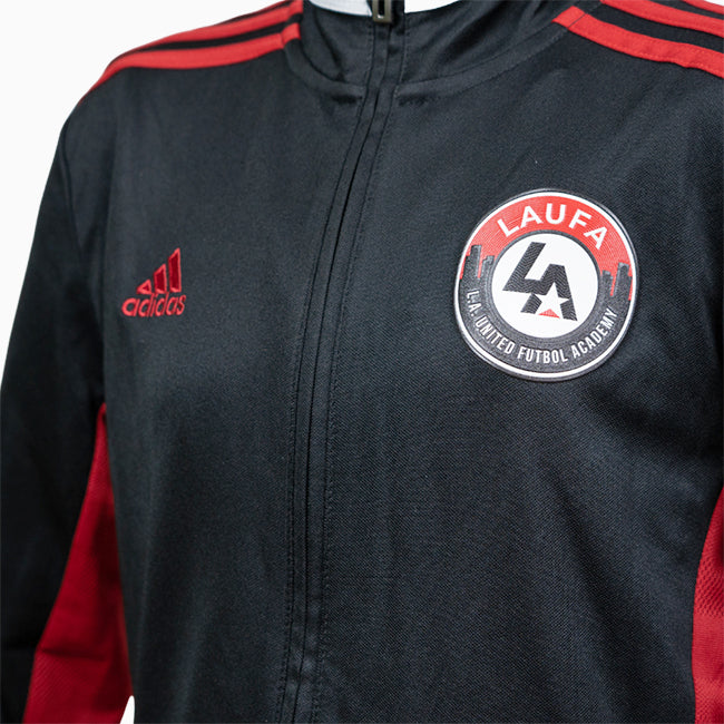 Close up of adidas LAUFA Youth Mi Team 19 jacket showing full front with LAUFA and adidas logos