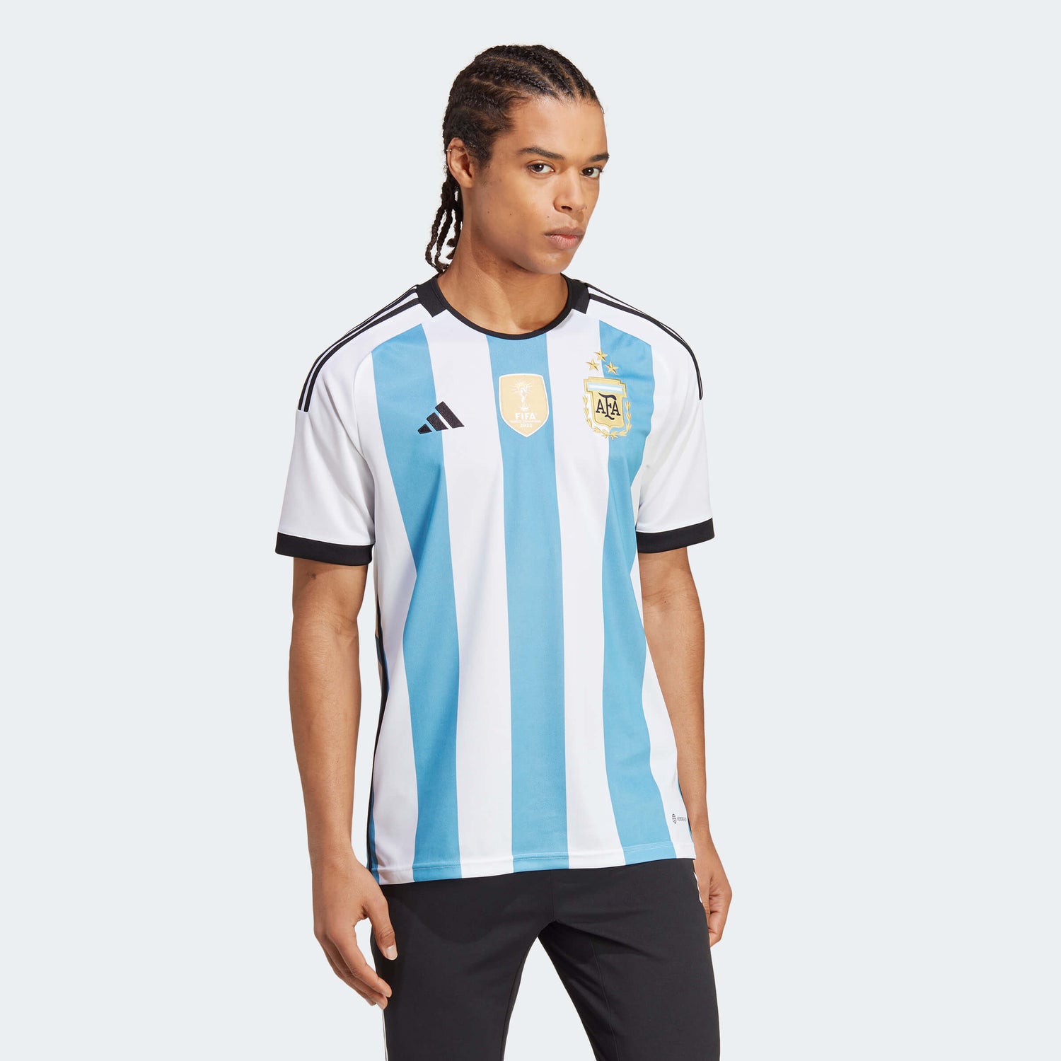 adidas 2022-23 Argentina Home Jersey World Cup 3 Star- White - Light Blue (Model - Front)