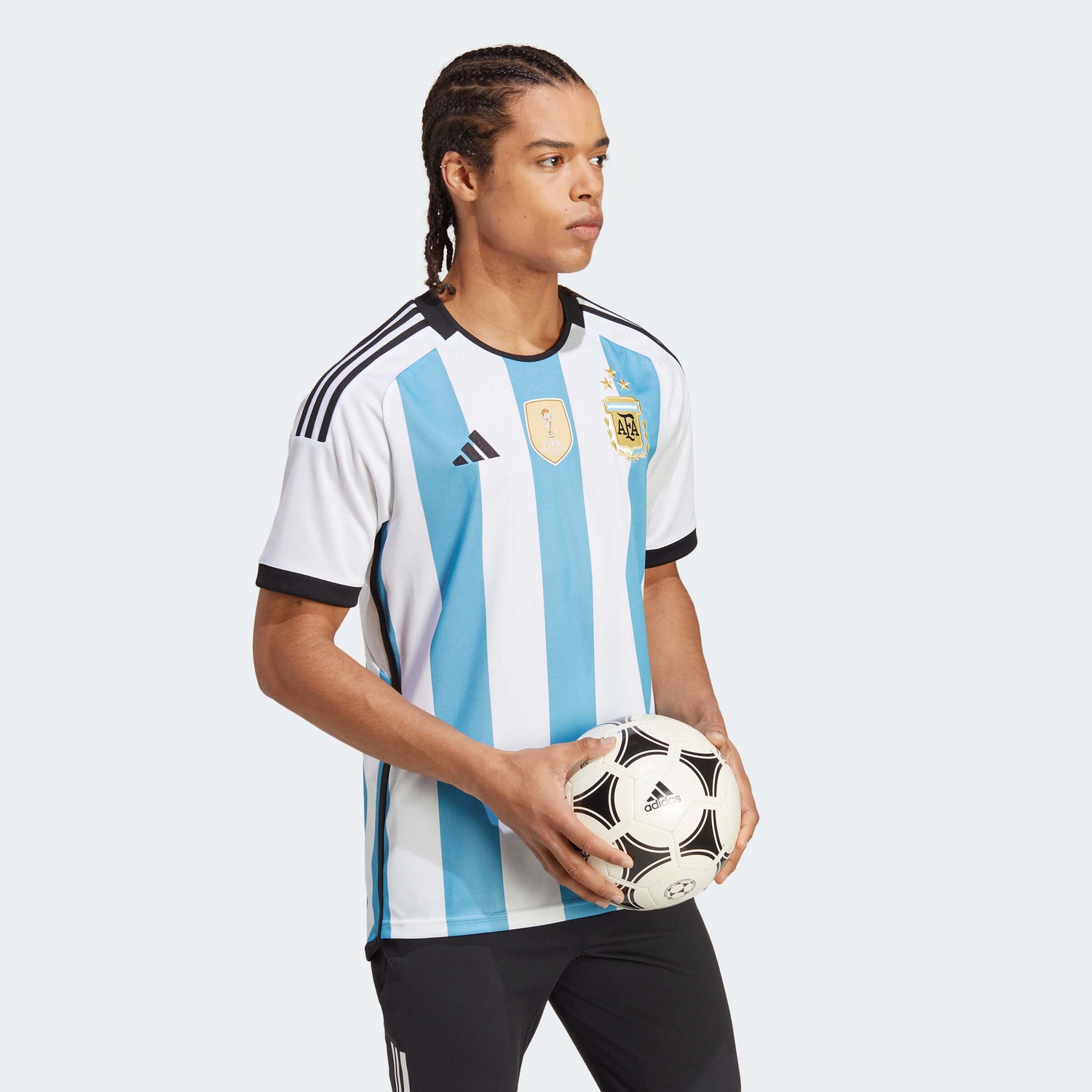 adidas 2022-23 Argentina Home Jersey World Cup 3 Star- White - Light Blue (Model - Side)