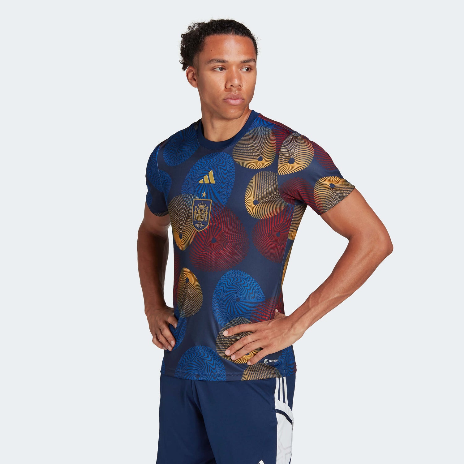 adidas 2022-23 Spain Pre-Match Jersey - Navy-Red-Gold (Model - Front)