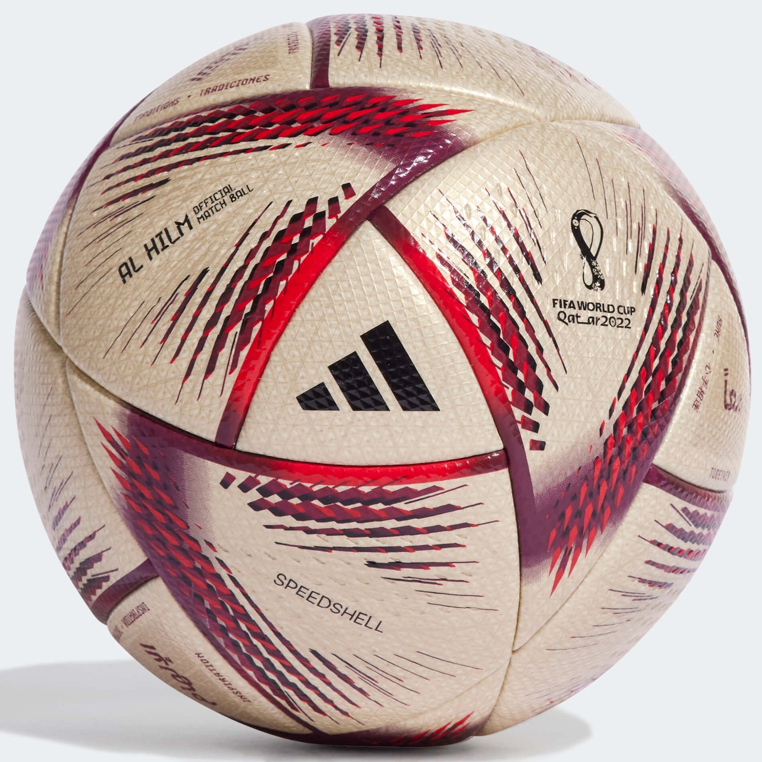 adidas 2022 World Cup Al Hilm Official Match Ball - Gold Metallic-Maroon-Red (Front)