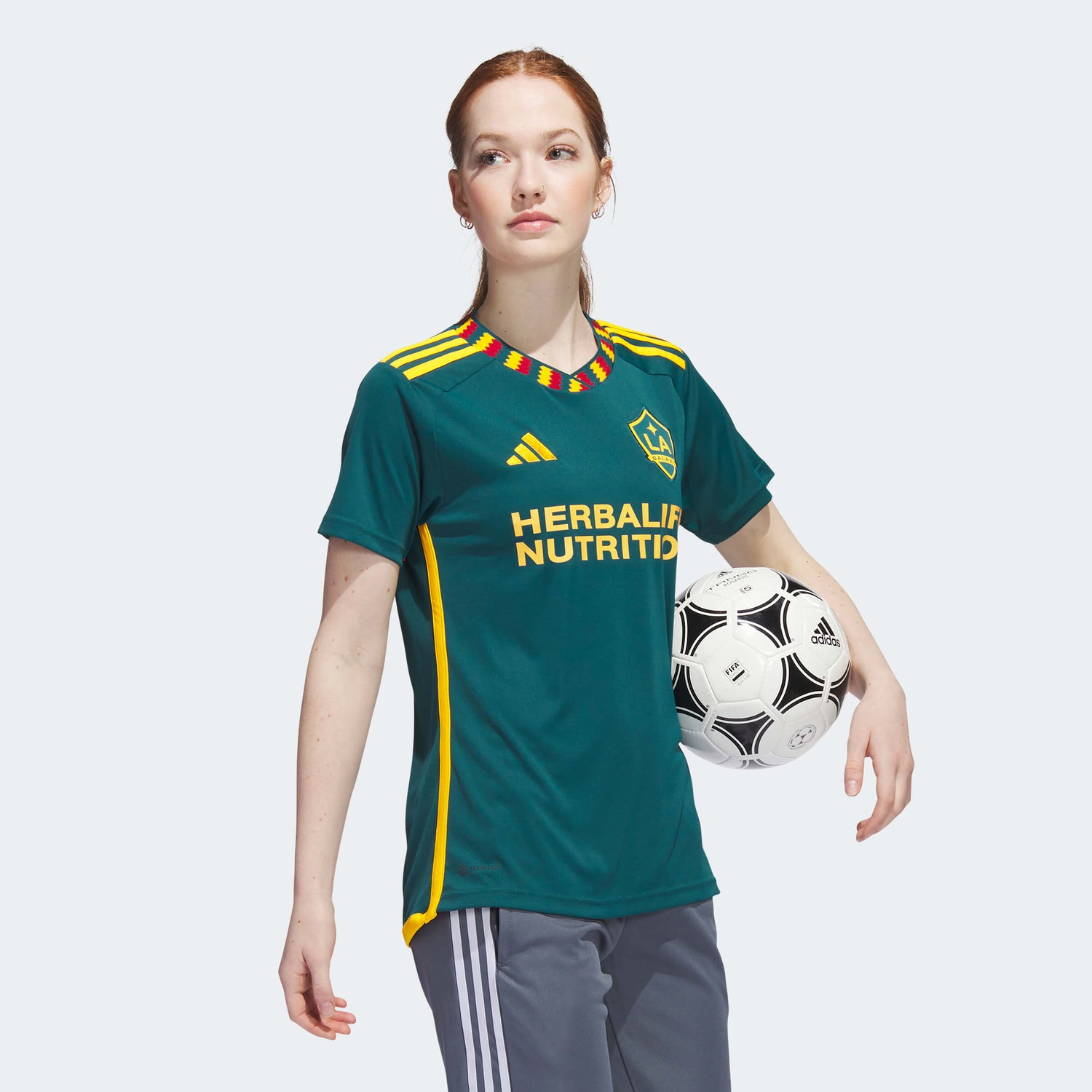 adidas 2023-24 LA Galaxy Women's Away Jersey - Mystery Green-Team Gold (Model - Side)