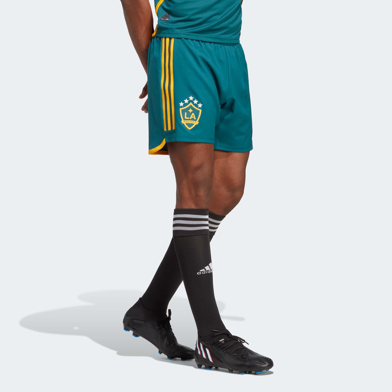 adidas 2023 LA Galaxy Authentic Away Shorts - Mystery Green-Team Gold (Model - Front)