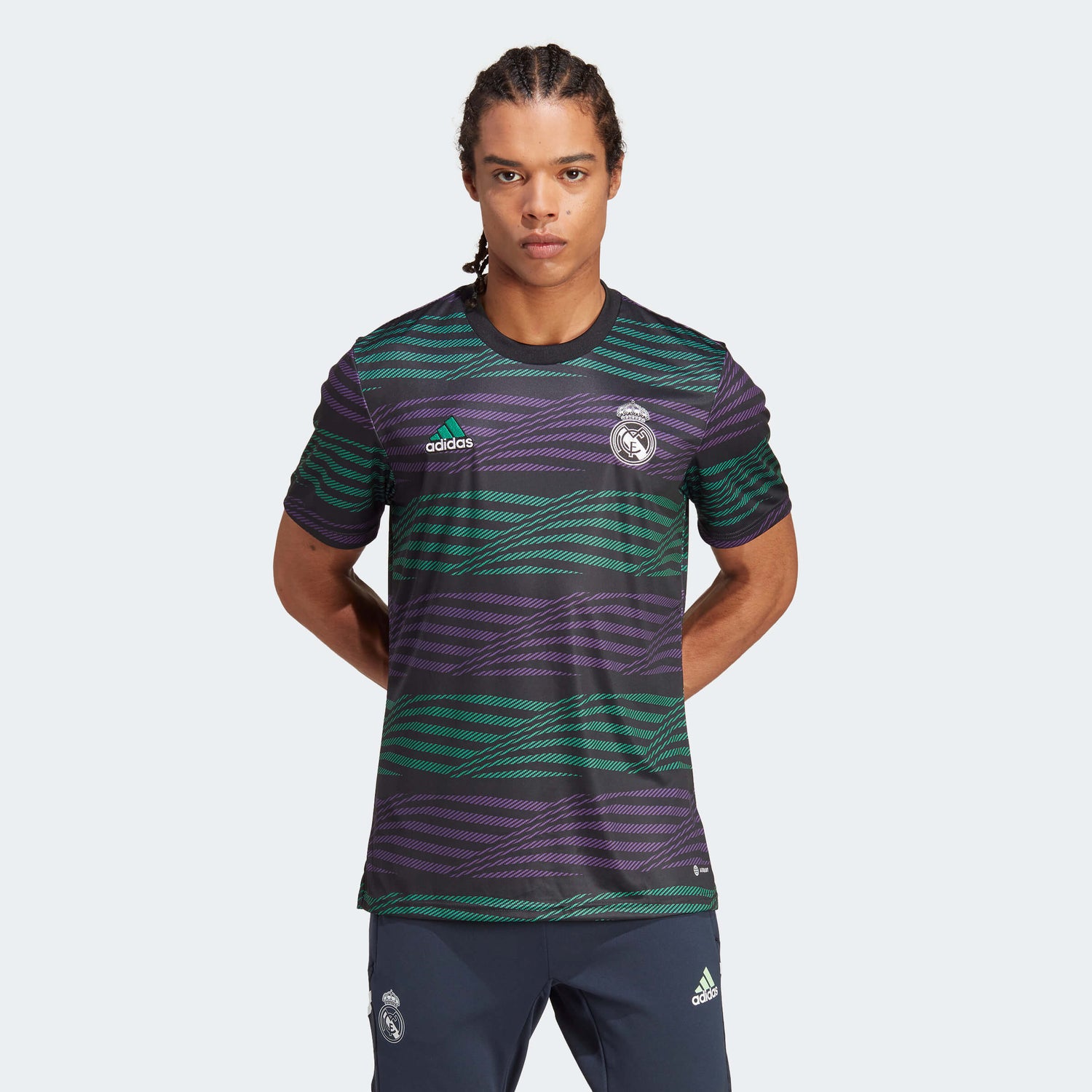 adidas 2023 Real Madrid Pre-Match Jersey - Black-Purple-Green (Model - Front)