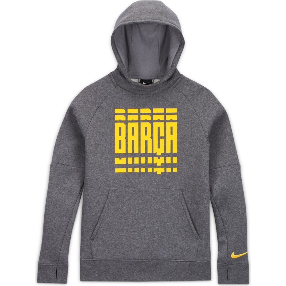 Nike 2020-21 Barcelona Youth Fleece Pullover Hoodie - Grey-Yellow
