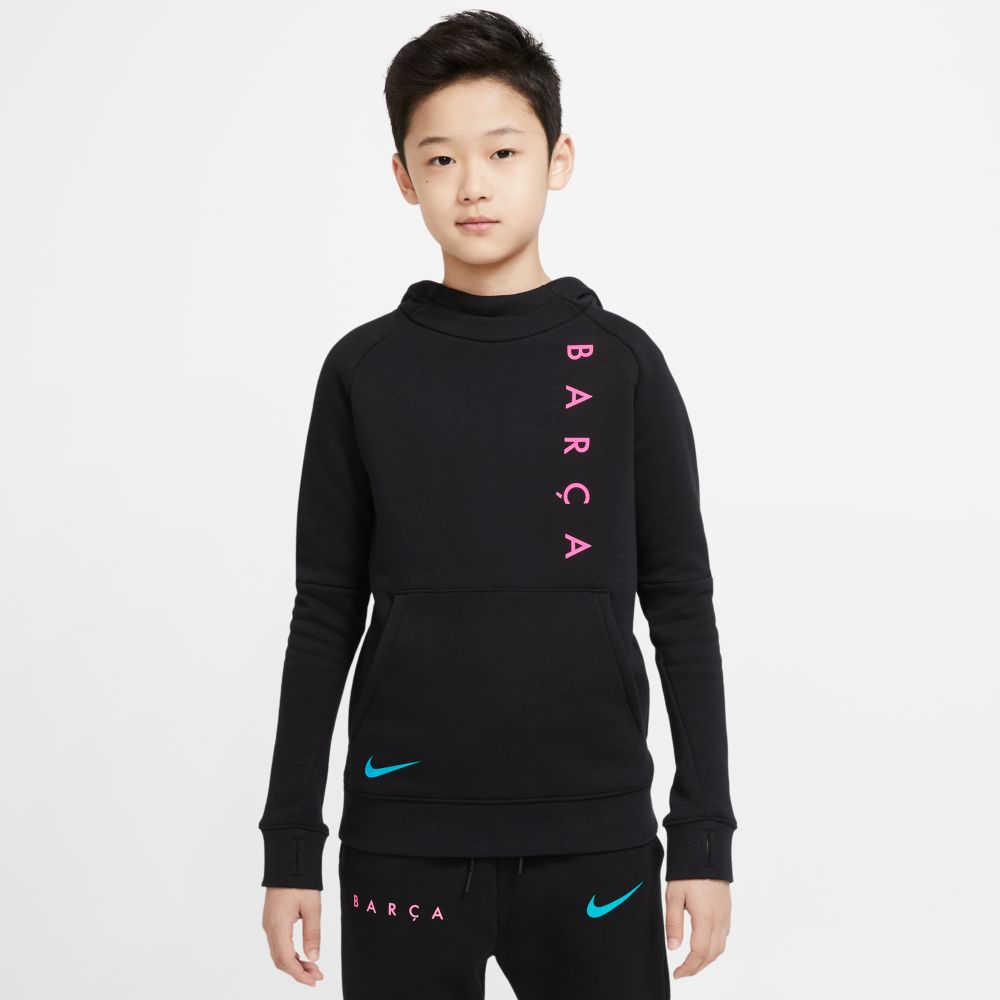 Nike 2020-21 Barcelona Youth GFA Fleece Pullover Hoodie - Black-Pink