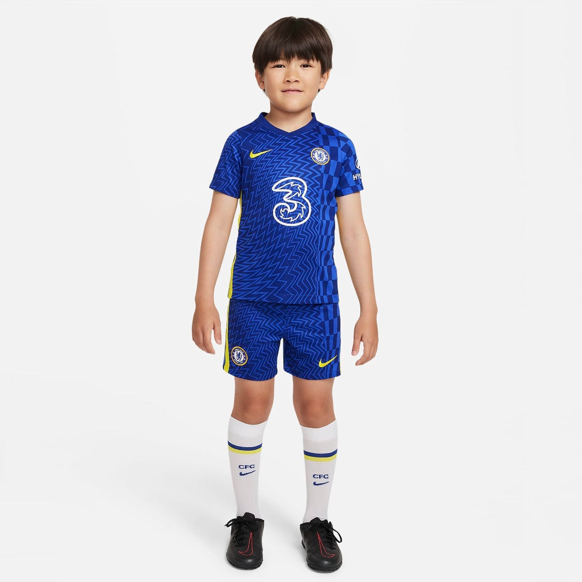 Nike 2021-22 Chelsea Little Kids Home Kit - Blue-Yellow (Model - Front)