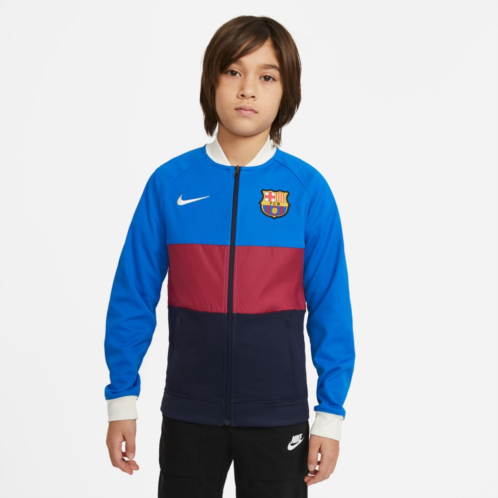 Nike 2021-22 Barcelona Youth I96 Anthem Jacket - Blue-Noble Red (Model - Front)