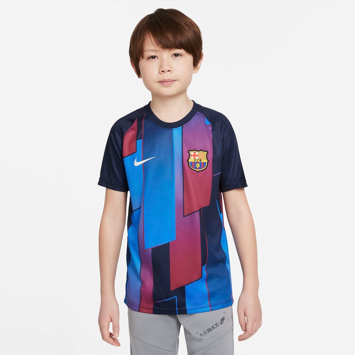 Nike 2021-22 Barcelona Youth Pre-Match SS Jersey - Soar-Obsidian (Model - Front)