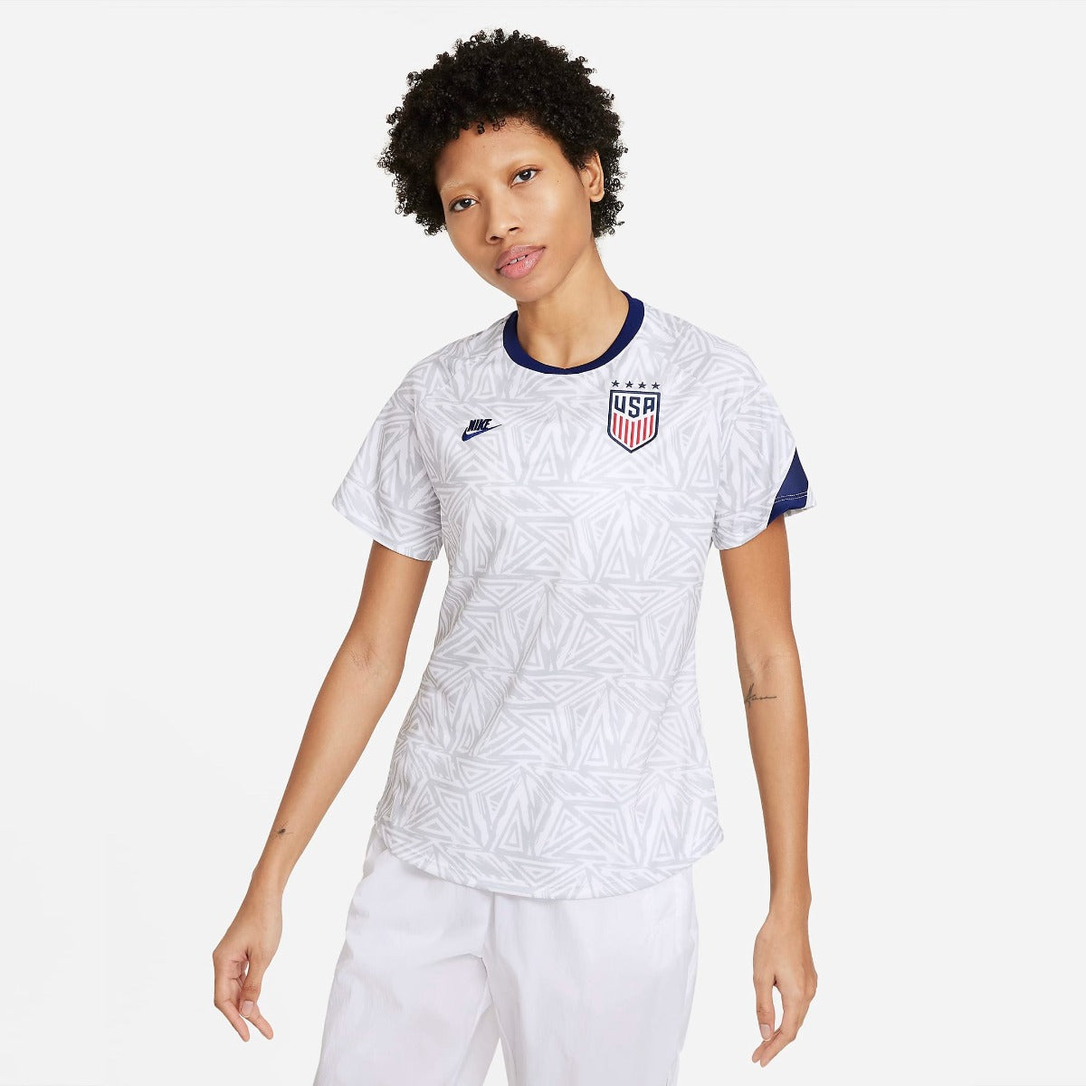 Nike 2021-22 USA Women Pre-Match SS Jersey - White-Navy (Model - Front)