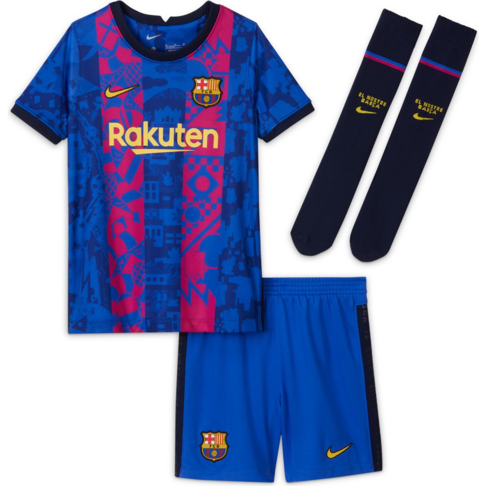 Nike 2021-22 Barcelona Little Kids Third Kit - Hyper Royal-Varsity Maize (Set - Front)