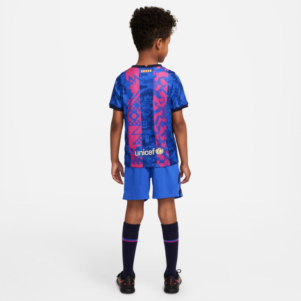 Nike 2021-22 Barcelona Little Kids Third Kit - Hyper Royal-Varsity Maize (Model - Back)