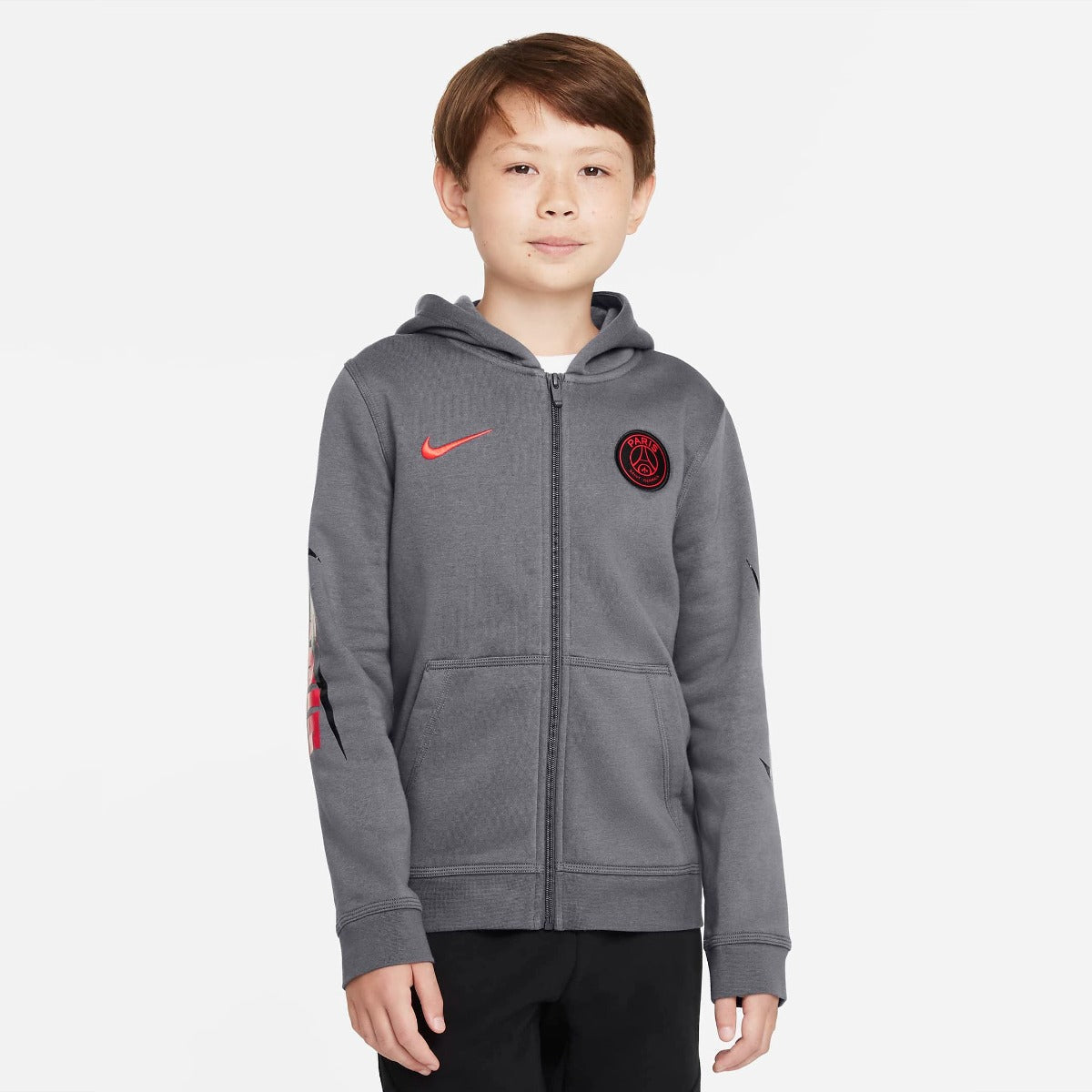 Nike 2022 PSG Youth FZ NSW Club Hoodie - Grey-Red (Model - Front)