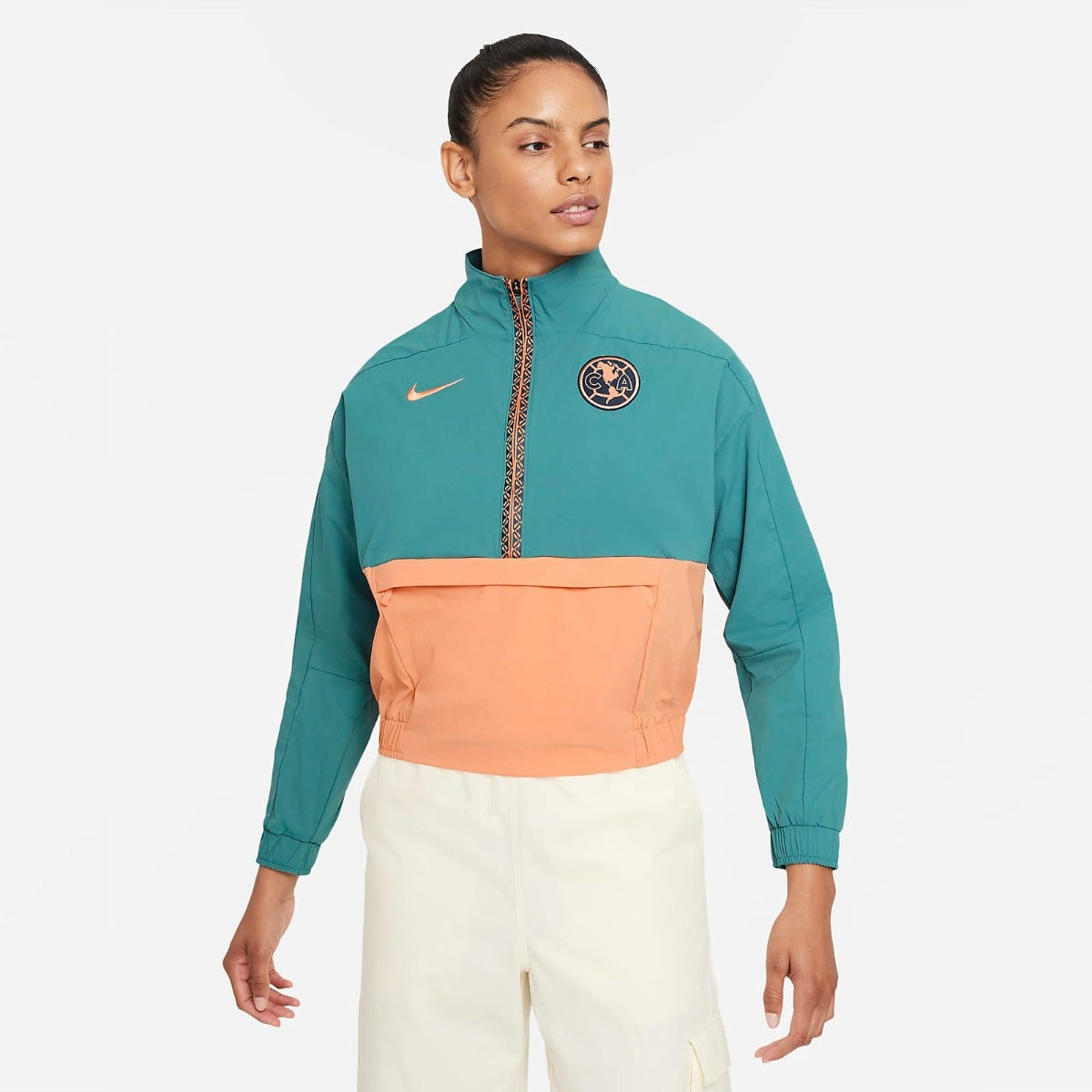 Nike 2021-22 Club America Women Midlayer Quater Zip - Teal-Apricot (Model - Front)