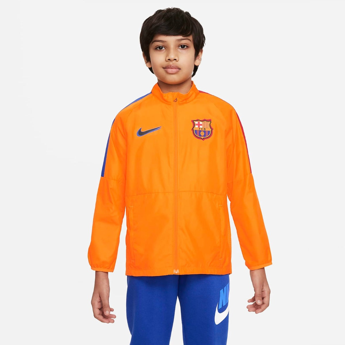 Nike 2022 FC Barcelona Youth Academy Repel AWF Jacket - Orange-Red-Royal (Model - Front)