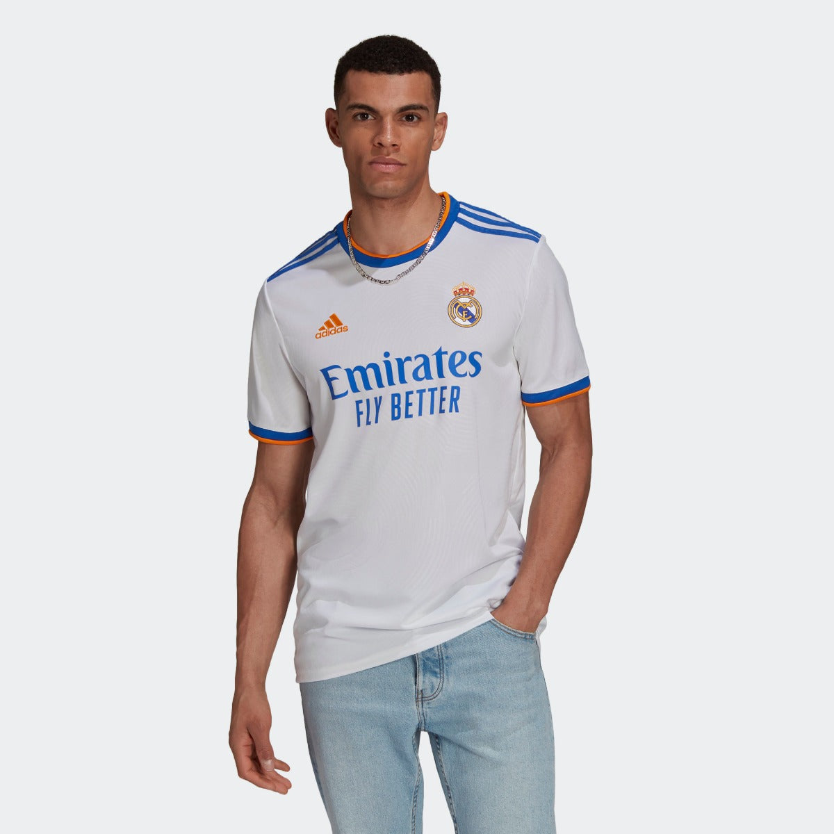 Adidas 2021-22 Real Madrid Home Jersey - White-Blue-Orange (Model - Front)