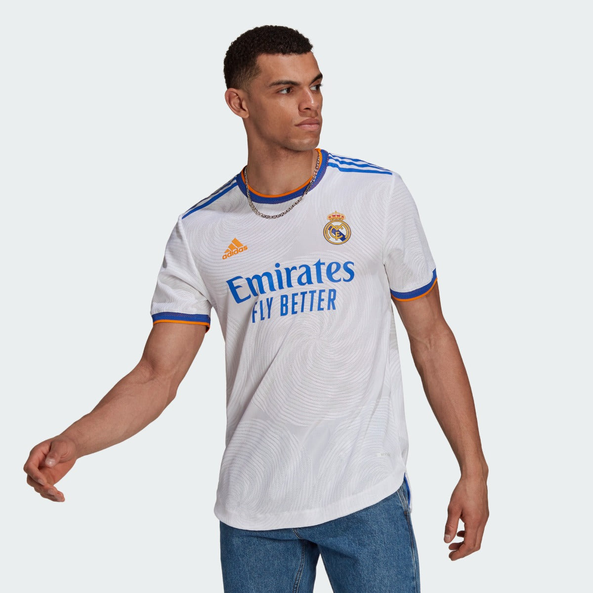 Adidas 2021-22 Real Madrid Home Authentic Jersey  - White-Blue-Orange (Model - Front)