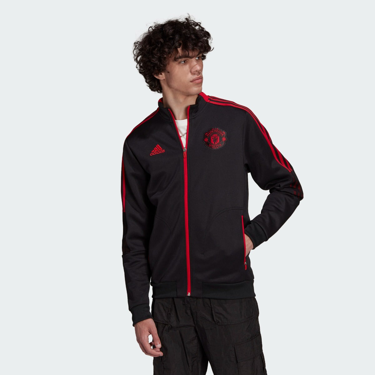 Adidas 2021-22 Manchester United Anthem Jacket - Black-Red (Model - Front)