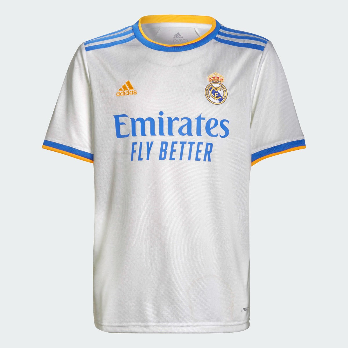 Adidas 2021-22 Real Madrid Youth Home Jersey - White-Blue-Orange (Front)