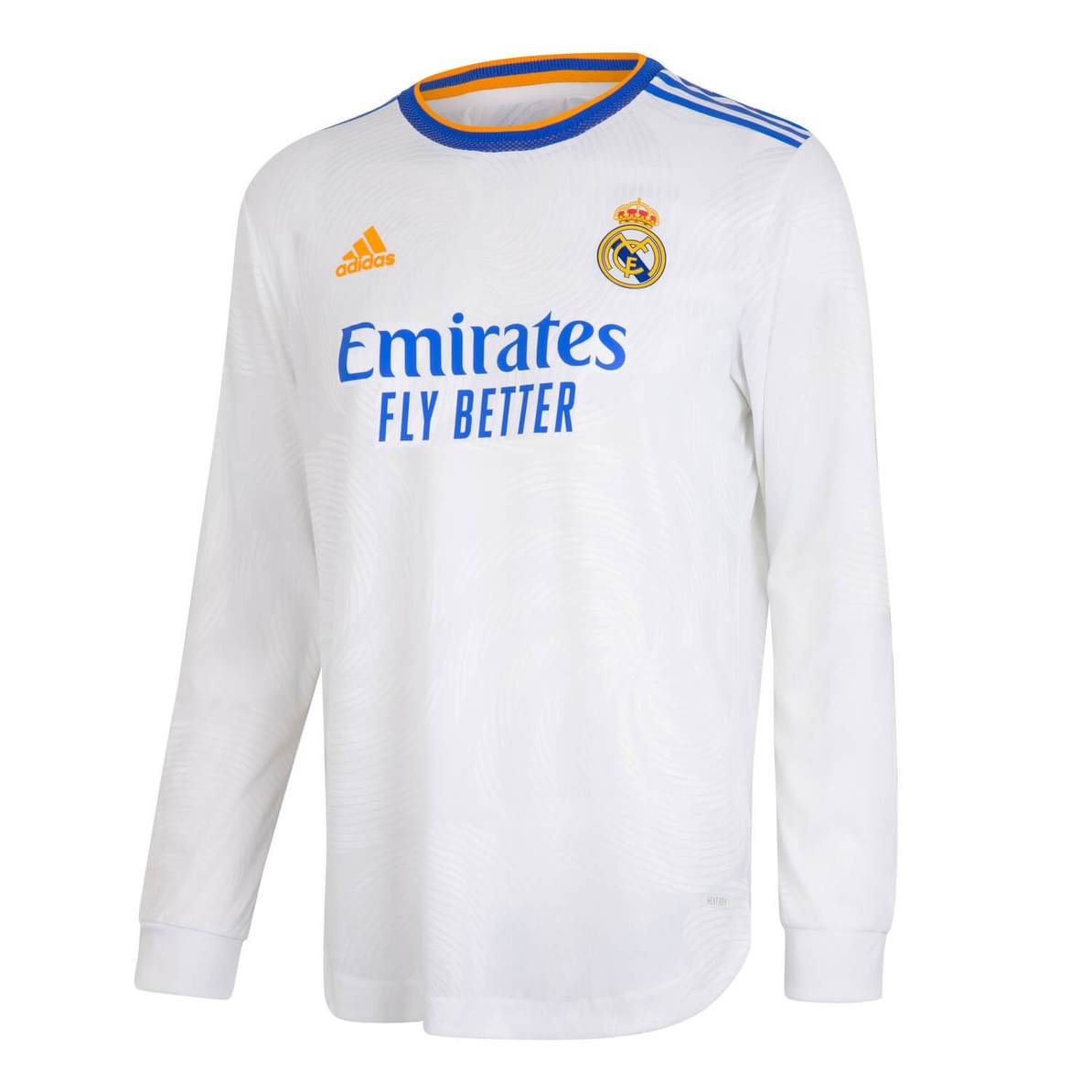 Adidas 2021-22 Real Madrid Home Authentic Long-Sleeve Jersey - White-Blue-Orange (Front)