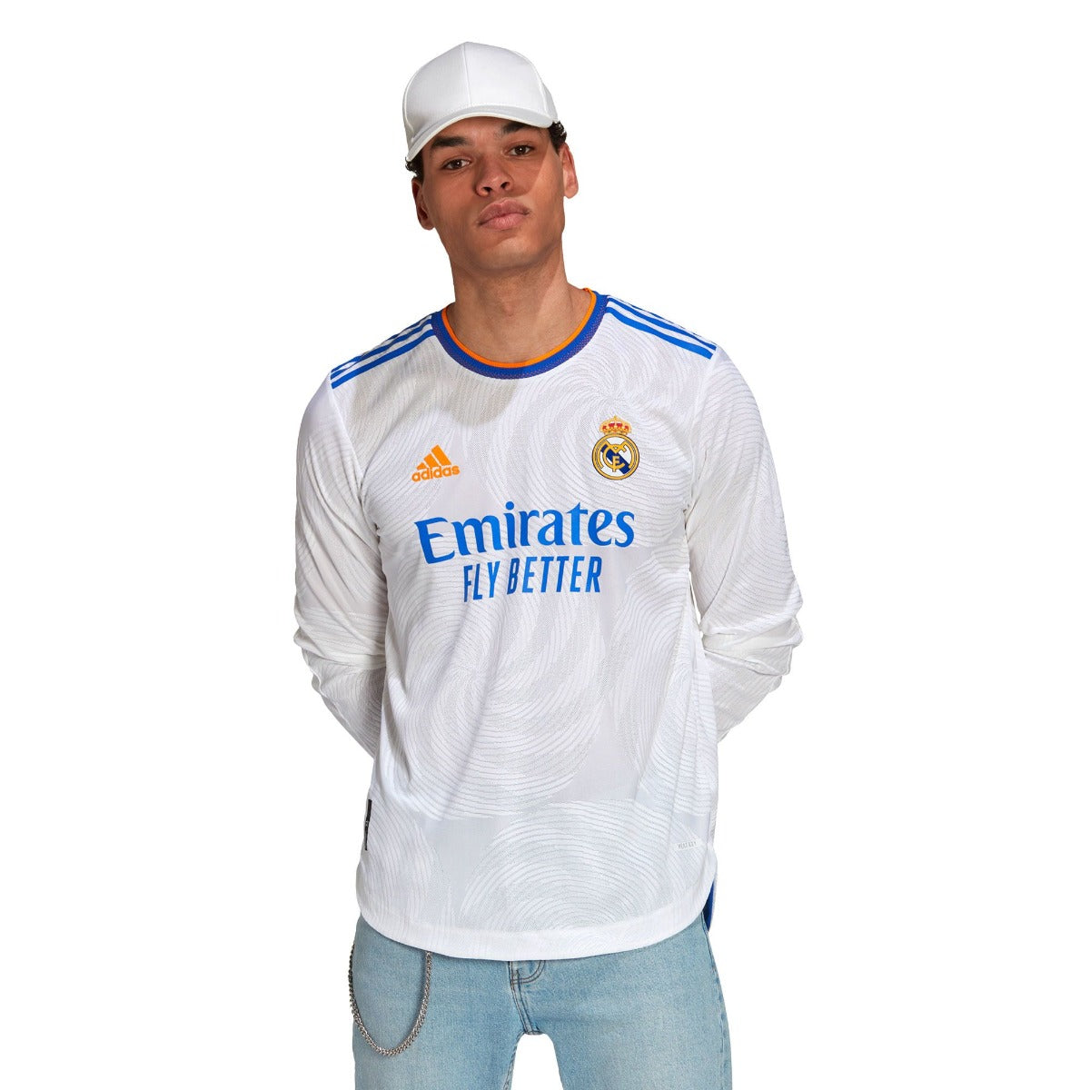 Adidas 2021-22 Real Madrid Home Authentic Long-Sleeve Jersey - White-Blue-Orange (Model - Front)