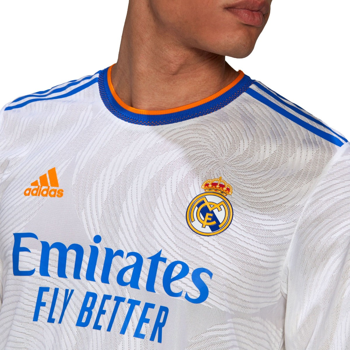 Adidas 2021-22 Real Madrid Home Authentic Long-Sleeve Jersey - White-Blue-Orange (Detail 1)