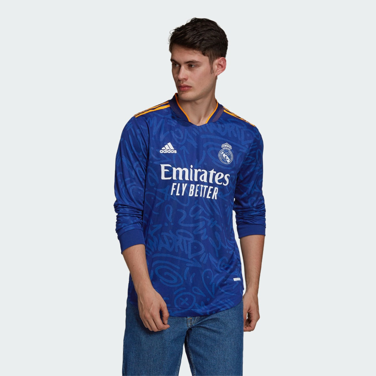 Adidas 2021-22 Real Madrid Away Authentic Long-Sleeve Jersey - Victory Blue (Model - Front)