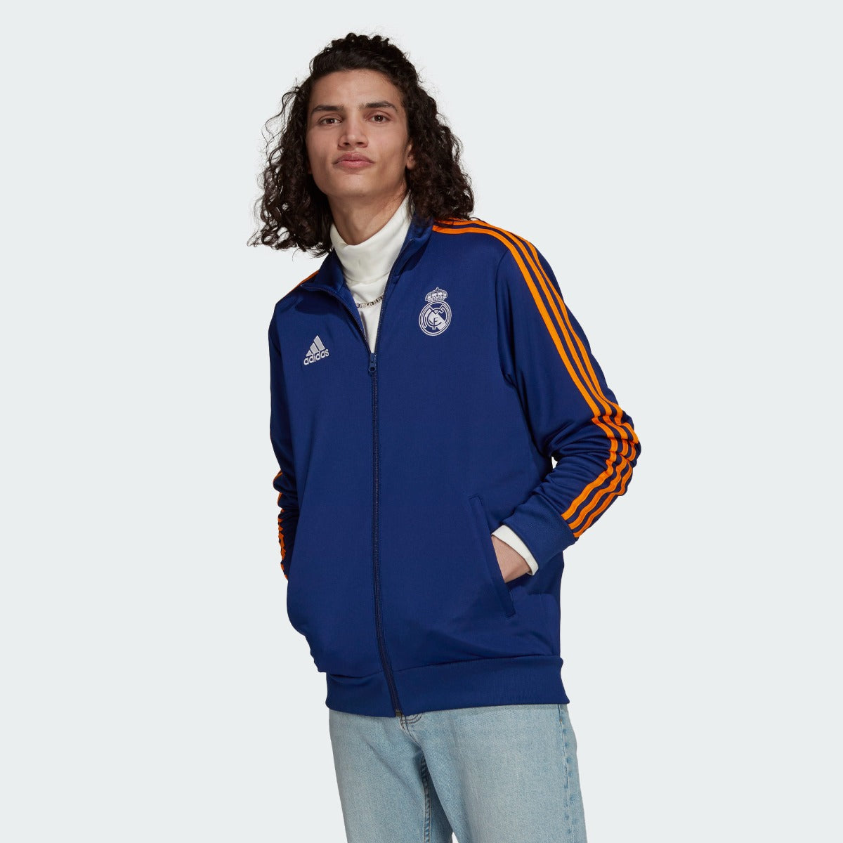 Adidas 2021-22 Real Madrid 3 Stripe Jacket - Navy-Orange (Model - Front)