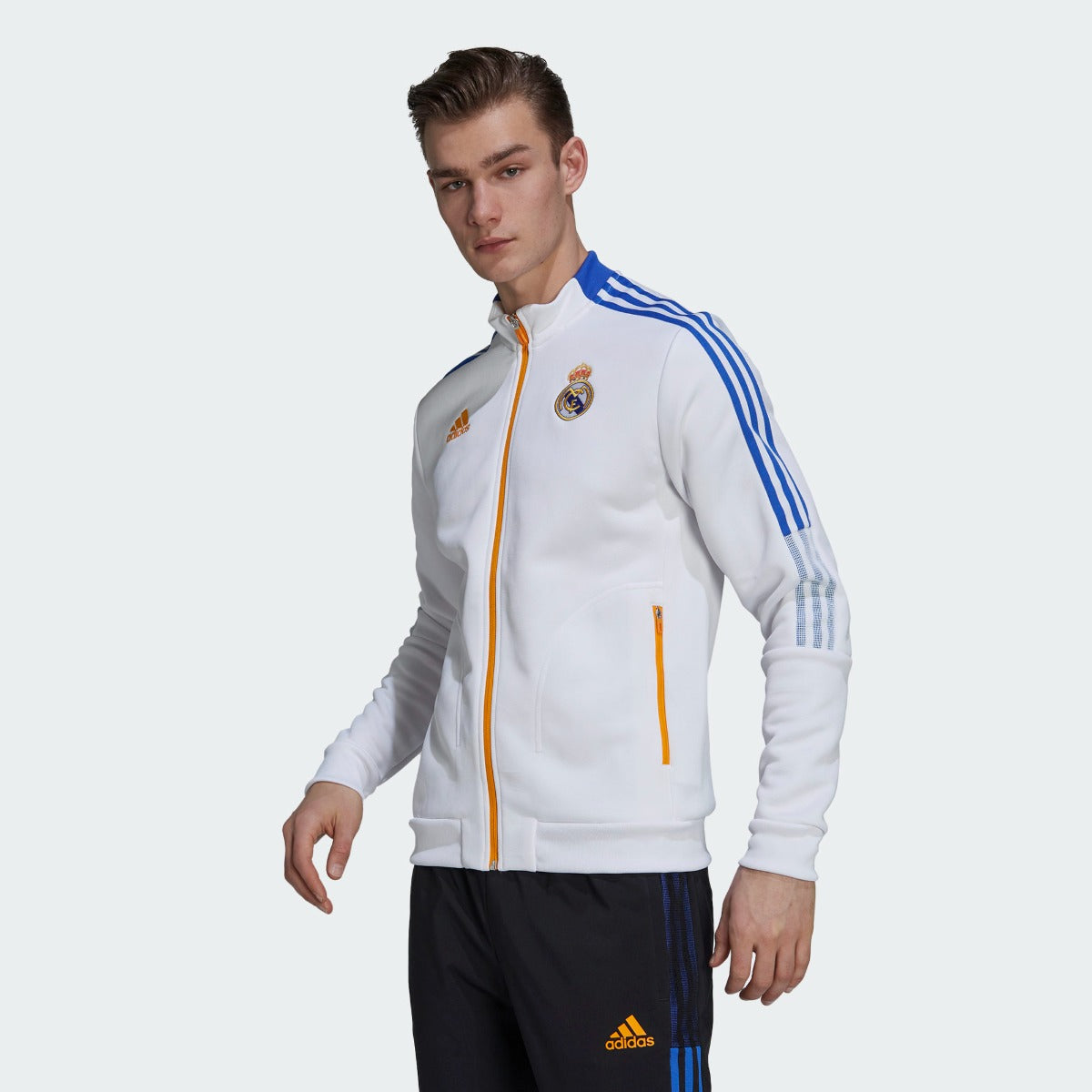 Adidas 2021-22 Real Madrid Anthem Jacket - White-Blue-Orange (Model - Front)