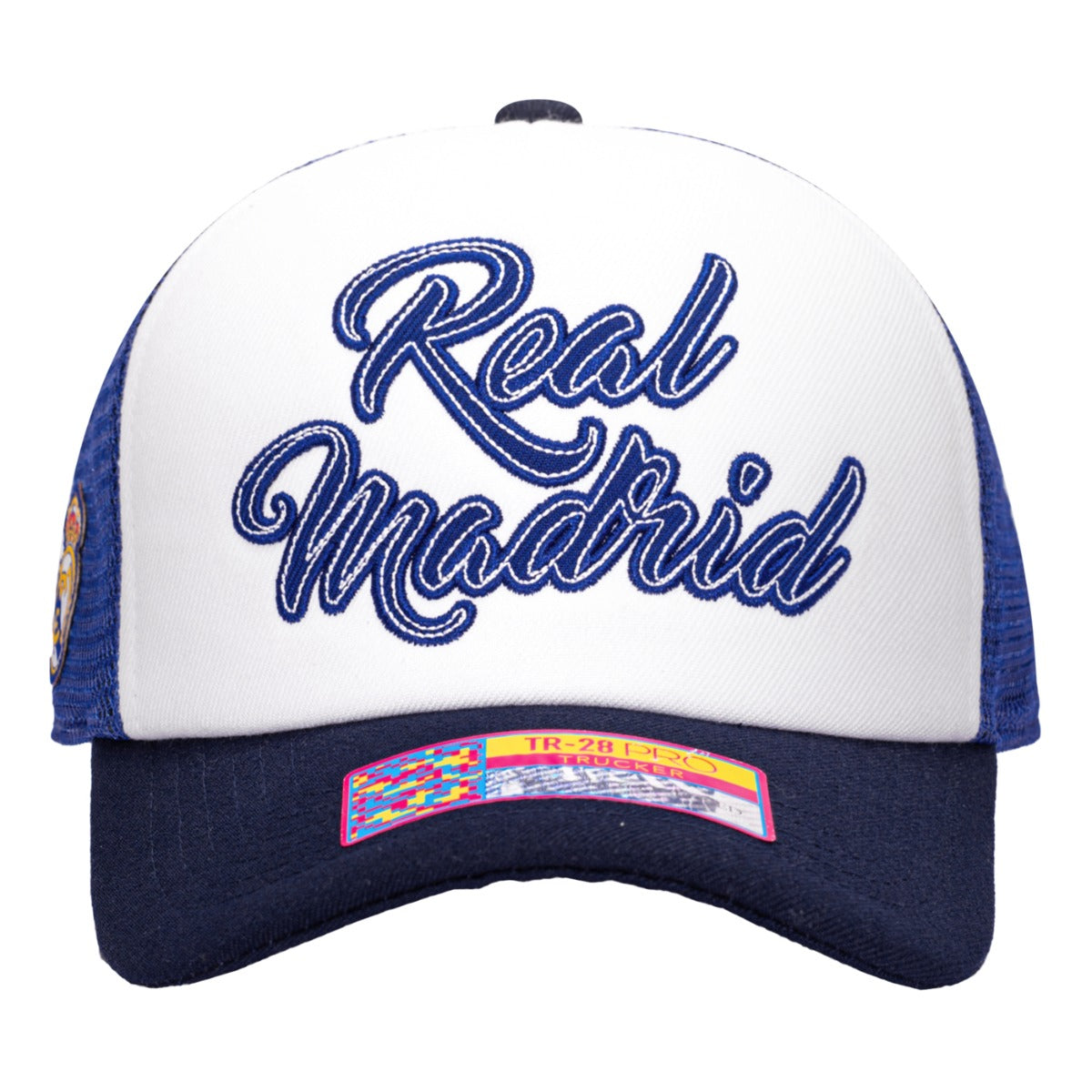 F.I Collection Real Madrid Script Stop Trucker - Royal (Front)
