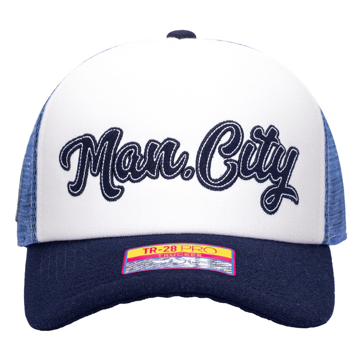 F.I Collection Manchester City Script Stop Trucker Hat - Calming Blue (Front)